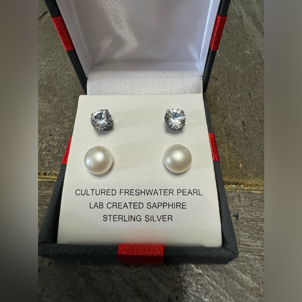 Lab Created White Sapphire and Cultured Freshwater Pearl 2 Pair 925 Earring